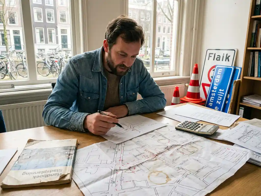 Nederlandse verkeerskundige bestudeert verkeersplannen aan bureau met verkeersborden en uitzicht op Amsterdamse grachten