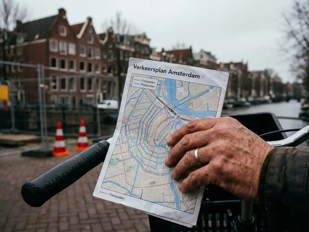 Hand houdt Nederlands verkeersplan met fietsroutes vast tegen fietshandel, Amsterdamse grachtenhuizen op achtergrond