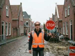 Nederlandse verkeersregelaar in oranje hesje houdt rood stopbord vast op bouwplaats met bakstenen gebouwen op achtergrond