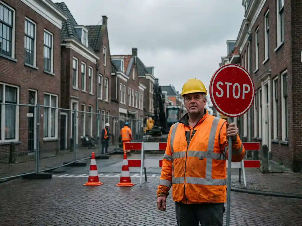 Nederlandse verkeersregelaar in oranje hesje houdt stopbord vast op bouwplaats met bakstenen gebouwen op achtergrond