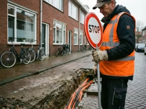 Verkeersregelaar in oranje vest houdt stopbord vast bij glasvezelwerkzaamheden in Nederlandse woonstraat met fietsen