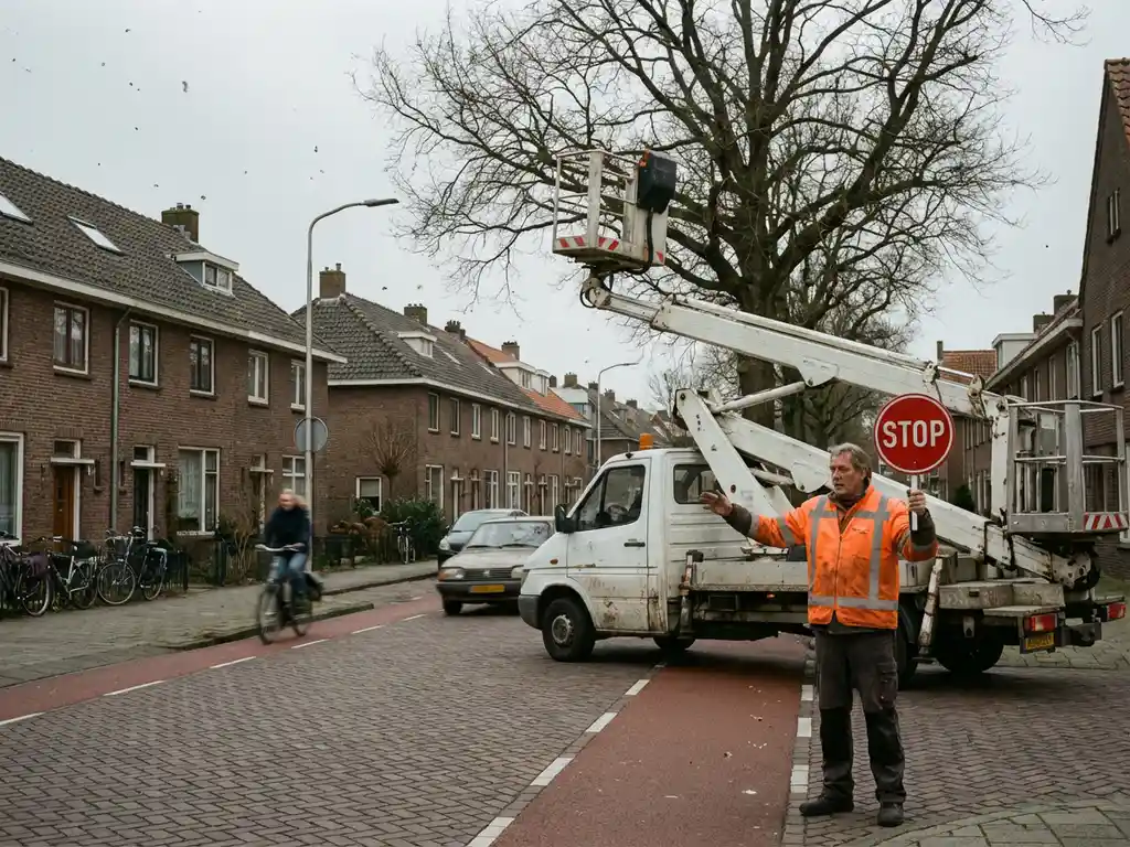 Verkeersregelaar in oranje veiligheidsvest met stopbord dirigeert verkeer rond hoogwerker bij eikenboom op Nederlandse straat