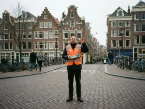 Verkeersregelaar in oranje veiligheidsvest met handheld apparaat op Nederlandse straat met bakstenen gebouwen en fietsen