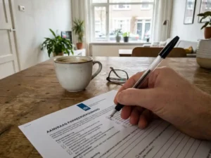 Persoon vult Nederlandse verkeersvergunning in met pen op keukentafel, koffiemok en bril ernaast