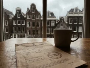 Nederlandse verkeersvergunning op houten tafel naast koffiekop, met Nederlandse huizen zichtbaar door regenachtig raam