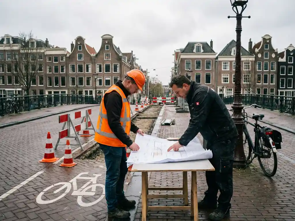 Nederlandse gemeentewerker in oranje vest bespreekt bouwplannen met aannemer bij fietspad renovatie met verkeerskegels