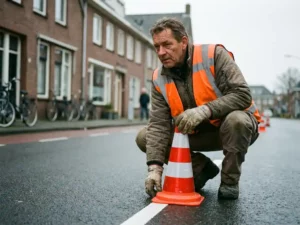 Nederlandse wegwerker in oranje hesje plaatst verkeerskegels rond verse wegmarkering op natte asfaltweg in woonwijk