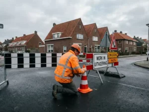 Nederlandse bouwvakker in oranje vest plaatst verkeerskegels en waarschuwingsborden op gesloten straat met bakstenen huizen