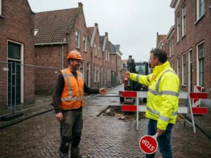 Twee Nederlandse wegwerkers in veiligheidsvesten bij wegwerkzaamheden, verkeersbegeleider houdt stop/ga bord vast