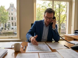 Nederlandse zakenman bespreekt verkeersanalyses aan bureau in Amsterdam kantoor met grachtenhuizen op achtergrond