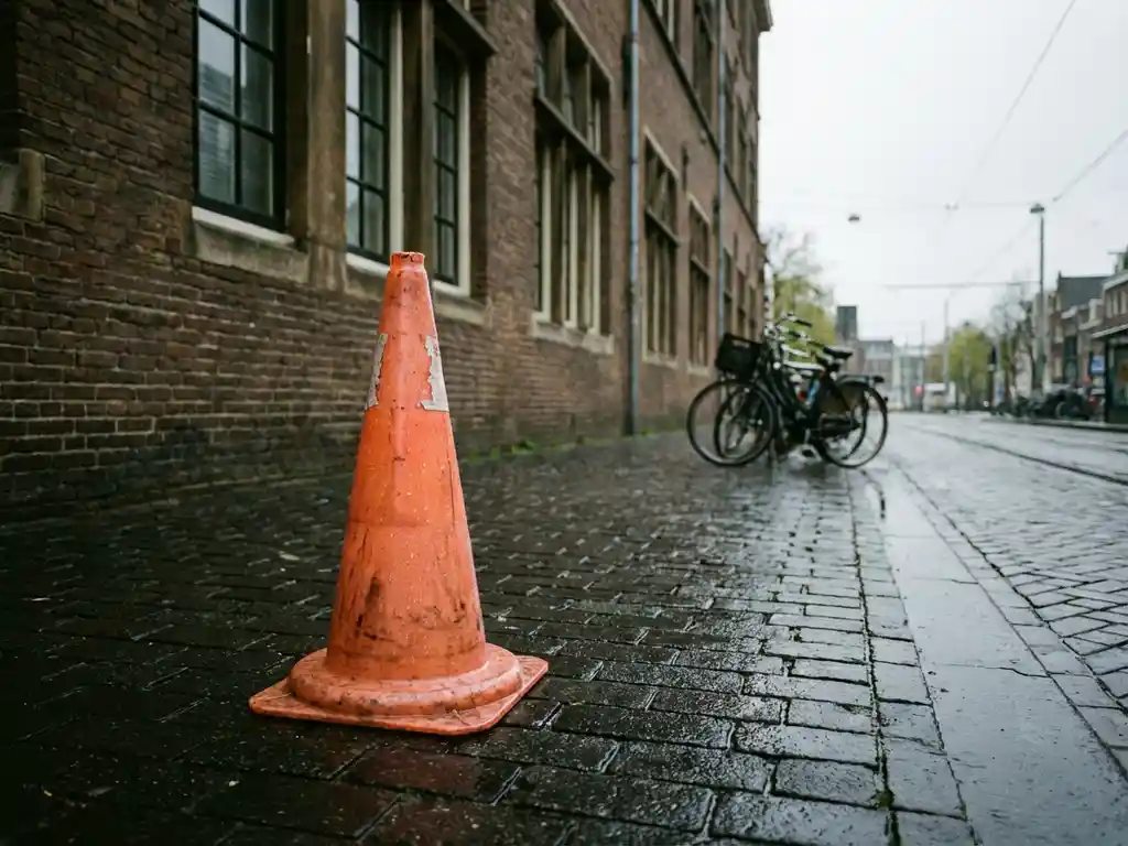 Oranje verkeerskegel op nat Nederlands asfalt voor traditioneel bakstenen gebouw met smalle ramen