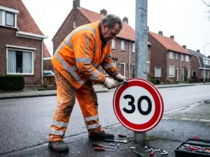 Gemeentewerker in oranje hesje installeert snelheidsbord aan paal in Nederlandse woonstraat met bakstenen huizen