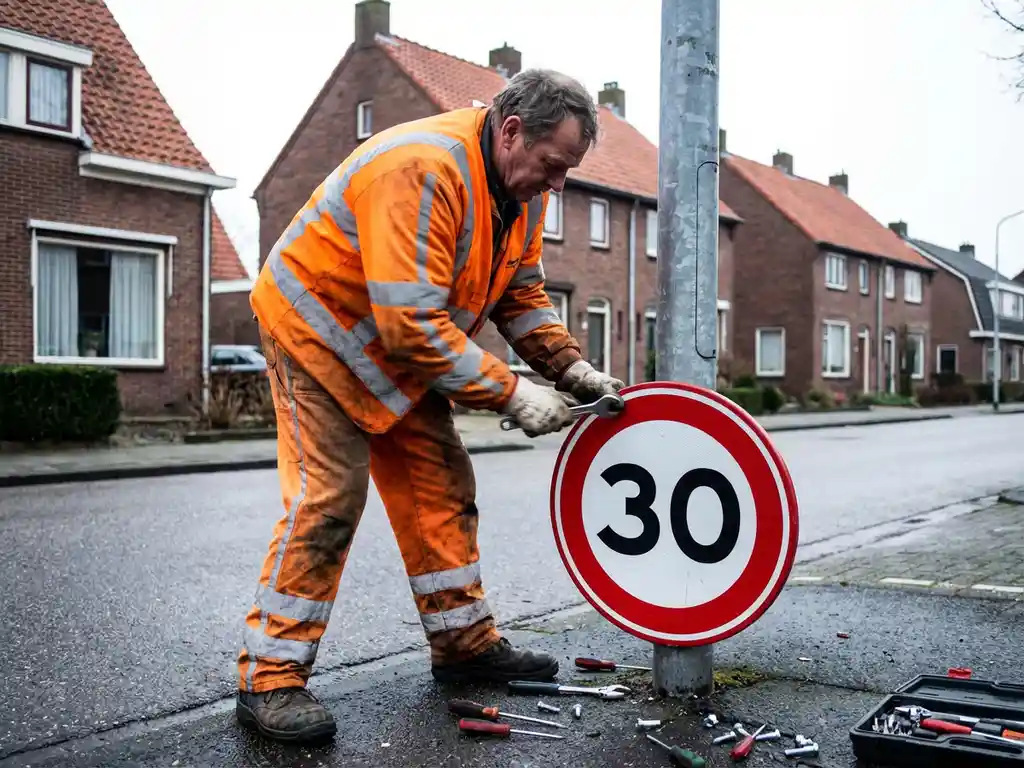 Gemeentewerker in oranje hesje installeert snelheidsbord aan paal in Nederlandse woonstraat met bakstenen huizen