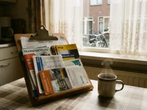 Houten klembord met transportbedrijf brochures en tariefbladen op keukentafel, koffiemok ernaast, Nederlandse woning