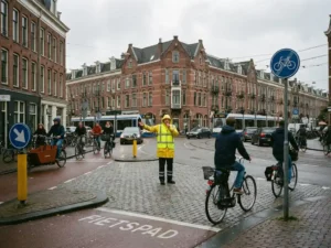 Verkeersregelaar in geel vest dirigeert auto's en fietsers op druk Nederlands kruispunt met rode bakstenen gebouwen