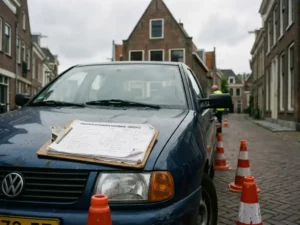 Versleten houten klembord met handgeschreven verkeersplanningsdocumenten op gemeenteauto, oranje verkeerskegels rondom