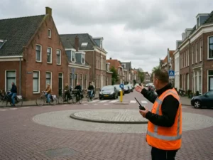 Nederlandse verkeersregelaar in oranje veiligheidsvest dirigeert verkeer bij rotonde met klassieke Nederlandse architectuur