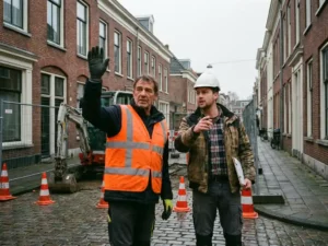 Nederlandse verkeersregelaar in oranje hesje gebaart naar bouwplaatsleider met helm op typische Nederlandse straat