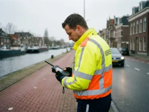 Nederlandse verkeersregelaar in reflecterend vest controleert reactietijden op portofoon naast fietspad en gracht