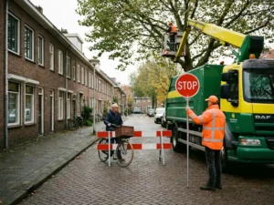 Verkeersregelaar in oranje hesje houdt stopbord vast bij gemeentelijke boomverzorgingswagen in Nederlandse woonstraat