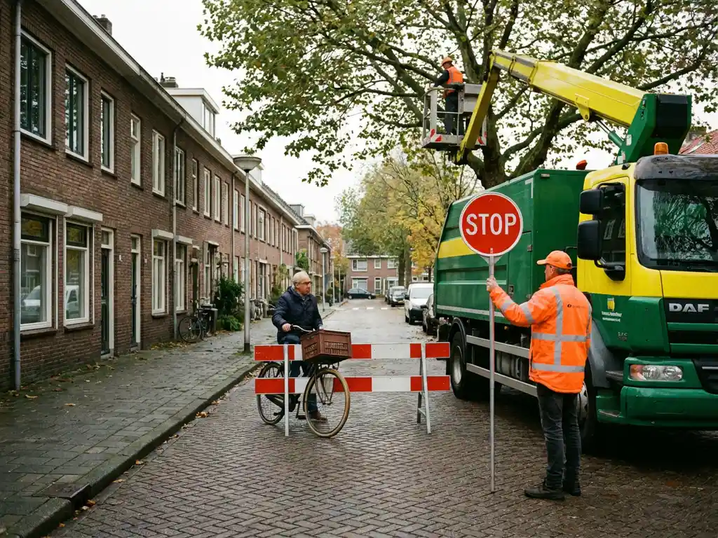 Verkeersregelaar in oranje hesje houdt stopbord vast bij gemeentelijke boomverzorgingswagen in Nederlandse woonstraat