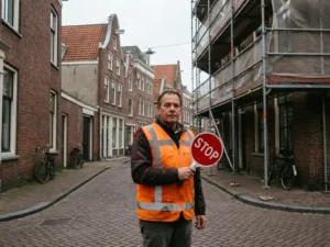 Nederlandse verkeersregelaar in oranje hesje houdt stopbord vast op straat met bakstenen gebouwen en steiger