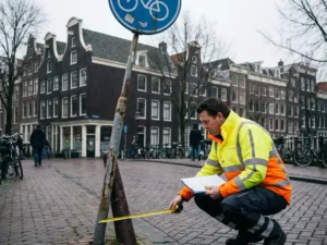 Nederlandse verkeersinspecteur in veiligheidsvest inspecteert verkeersbord met klembord en meetlint op straat