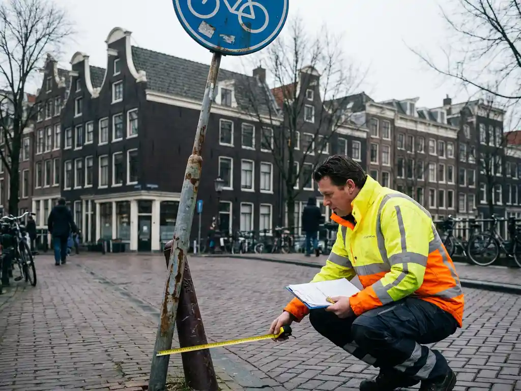 Nederlandse verkeersinspecteur in veiligheidsvest inspecteert verkeersbord met klembord en meetlint op straat