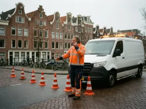 Nederlandse verkeersregelaar in oranje veiligheidsvest met portofoon naast witte bestelwagen op straat met bakstenen huizen