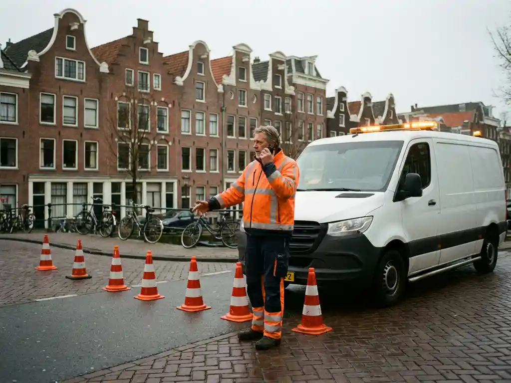 Nederlandse verkeersregelaar in oranje veiligheidsvest met portofoon naast witte bestelwagen op straat met bakstenen huizen