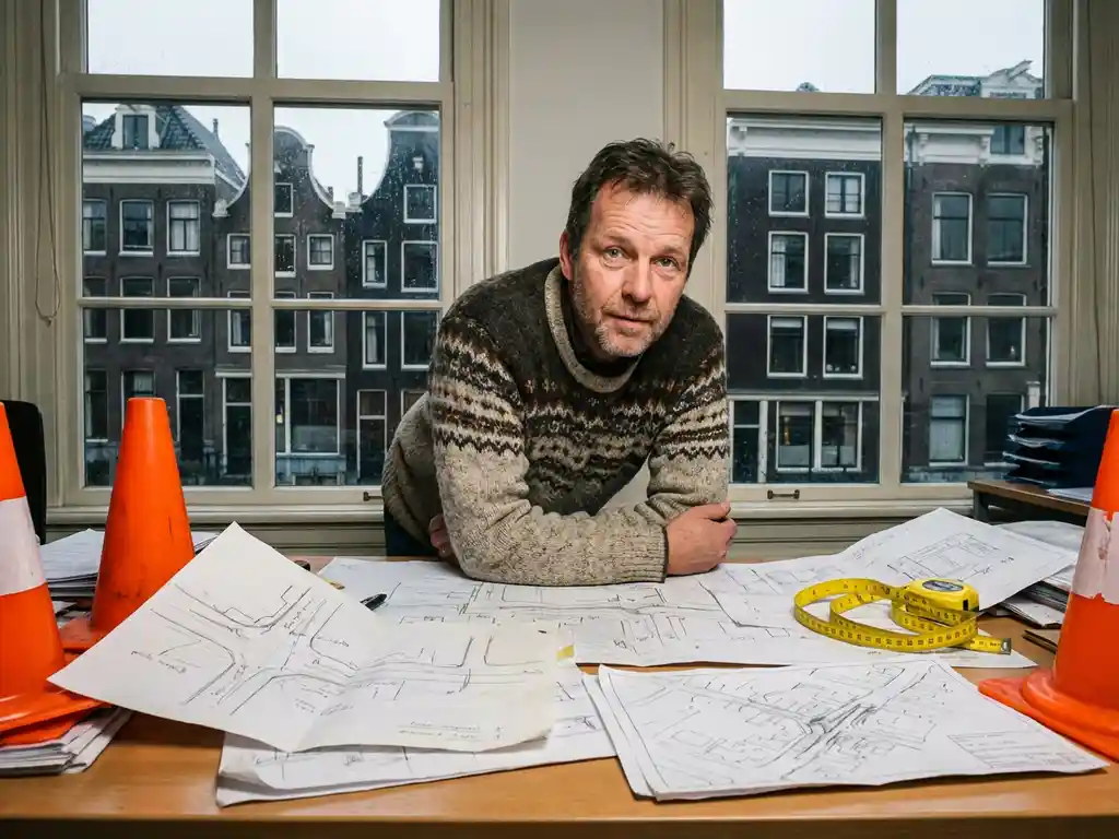Nederlandse verkeerstechnicus bestudeert verkeersstroomschetsen aan bureau met oranje pionnen en meetlint