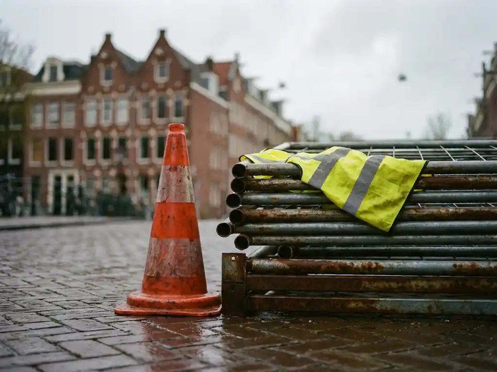 Oranje verkeerskegel naast metalen wegafzettingen op natte Amsterdamse kinderkopjes, rode bakstenen huizen op achtergrond