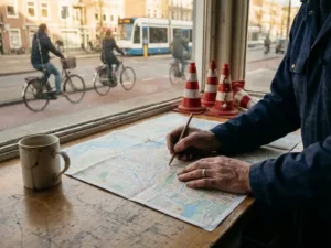 Nederlandse verkeersleider past routeschema's aan op papieren kaart op houten bureau, met koffie en kegels zichtbaar