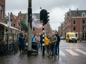 Kapotte verkeerslicht met vonken op Nederlandse kruising, bezorgde voetgangers en fietsers kijken toe vanaf veilige afstand