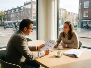 Verkeersbeheerder en transportbedrijf vertegenwoordiger bespreken evaluatieformulieren aan tafel in modern kantoor