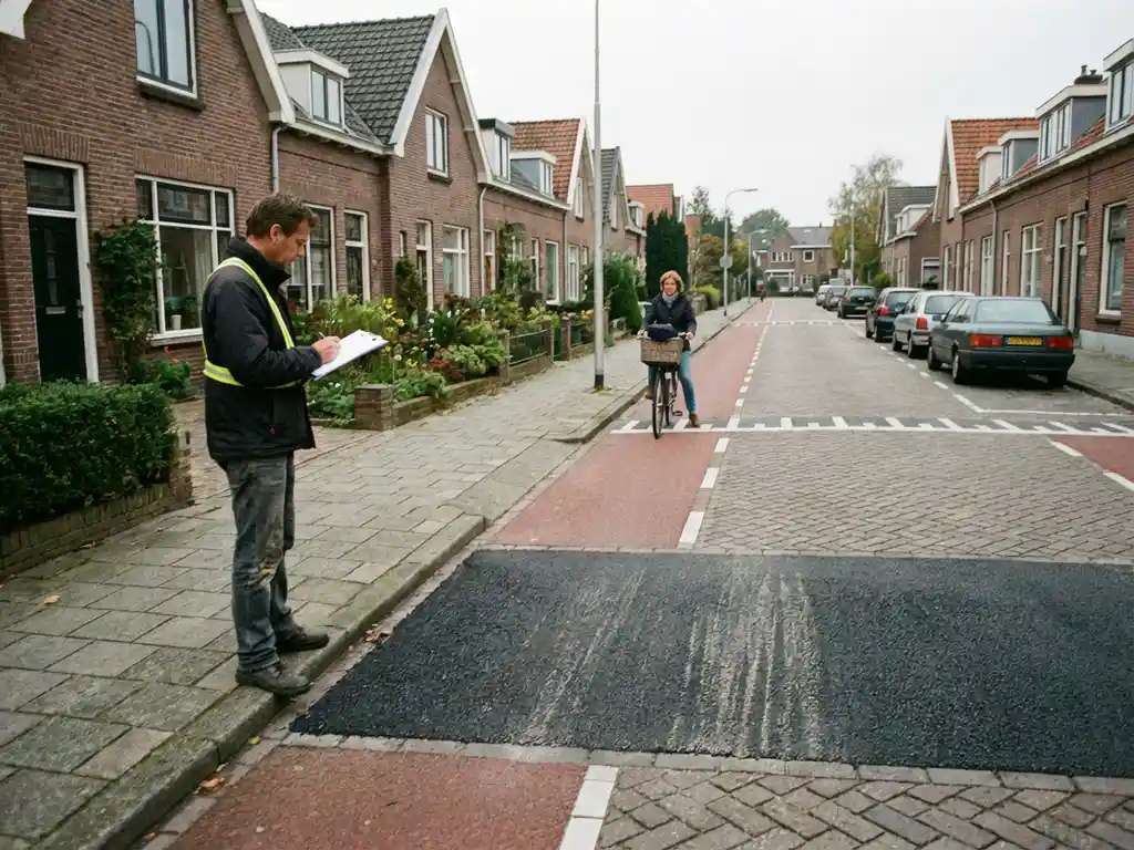 Verkeersplanner met klembord observeert verkeersdrempel in Nederlandse woonwijk met fietser en geparkeerde auto's