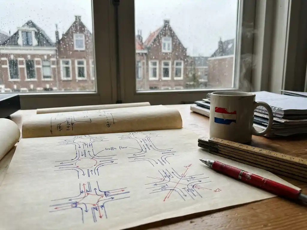 Verkeerskundige werkplek met handgetekende verkeersstroomdiagrammen, meetliniaal en rode pen, Nederlandse huizen zichtbaar