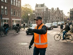 Nederlandse verkeersregelaar in oranje hesje dirigeert verkeer op druk Amsterdams kruispunt met traditionele architectuur