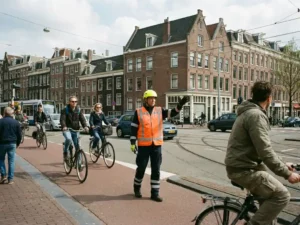 Verkeersregelaar in oranje veiligheidsvest op druk kruispunt in Amsterdam met traditionele bakstenen gebouwen