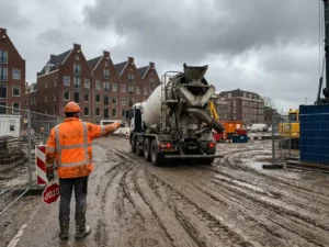 Verkeersregelaar in oranje veiligheidsvest dirigeert betonmixer op Nederlandse bouwplaats met bakstenen gebouwen
