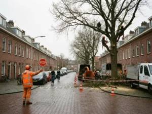 Verkeersregelaar met stopbord bij boomonderhoud op Nederlandse straat met bakstenen huizen en fietspaden