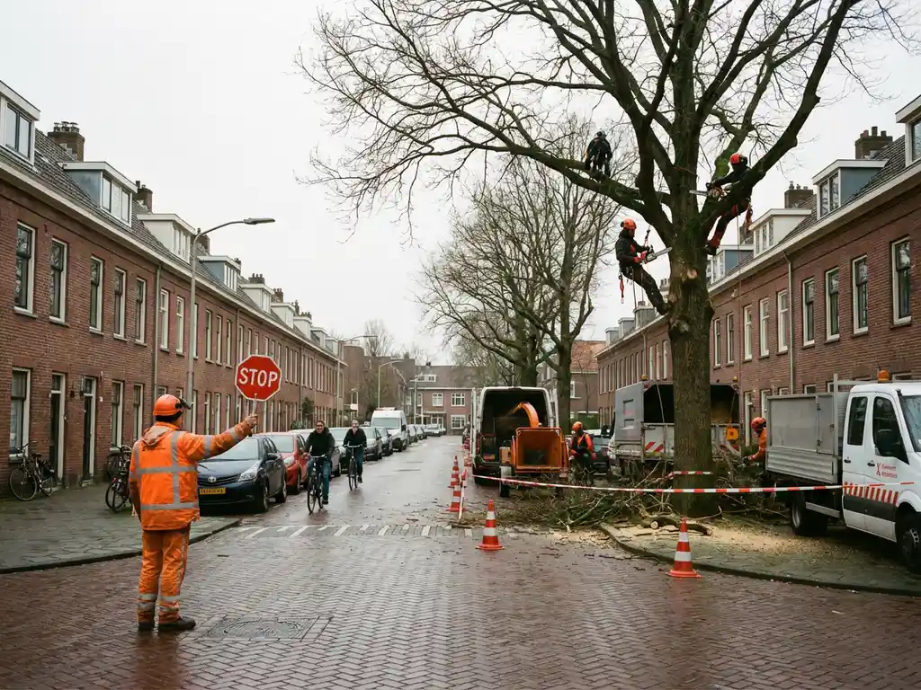 Verkeersregelaar met stopbord bij boomonderhoud op Nederlandse straat met bakstenen huizen en fietspaden