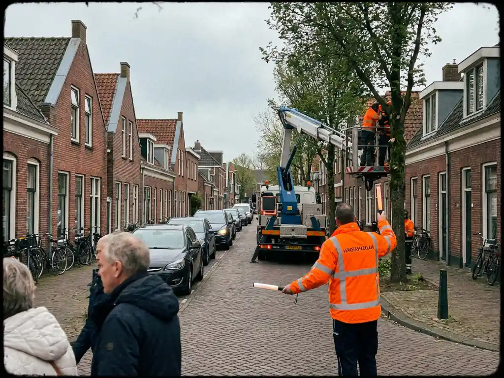 Verkeersregelaar in oranje hesje leidt verkeer om boomonderhoud op Nederlandse straat met rode bakstenen gebouwen