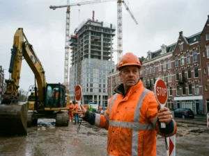 Verkeersregelaar in oranje hesje met stopbord bij bouwplaats Amsterdam met hijskranen en bakstenen architectuur