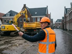 Nederlandse verkeersregelaar in oranje veiligheidsvest dirigeert bouwvoertuigen op drukke bouwplaats met bakstenen gebouwen