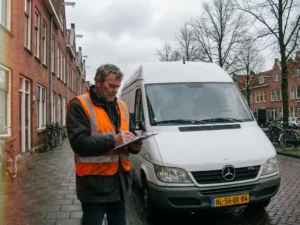 Nederlandse verkeersregelaar in oranje hesje bekijkt klembord naast witte Mercedes Sprinter op typische Nederlandse straat