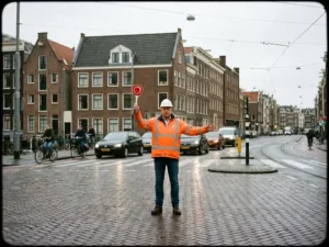 Verkeersregelaar in oranje vest dirigeert verkeer op Nederlandse straat met traditionele gevelhuizen op achtergrond