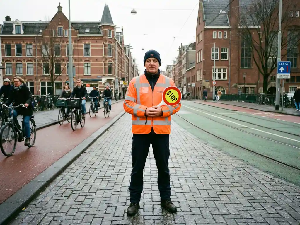 Nederlandse verkeersregelaar in oranje hesje houdt stopbord vast op straat met bakstenen gebouwen en fietspaden