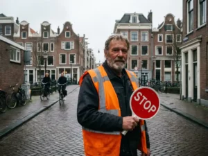 Nederlandse verkeersregelaar in oranje veiligheidsvest houdt rood stopbord vast op straat met bakstenen gebouwen