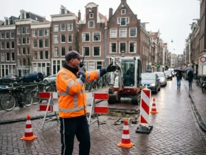 Verkeersregelaar in oranje hesje dirigeert verkeer bij wegwerkzaamheden op Nederlandse straat met bakstenen gebouwen